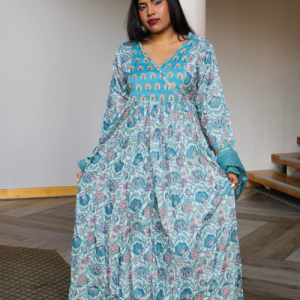 Dress With Scarf - Blue & Pink Floral